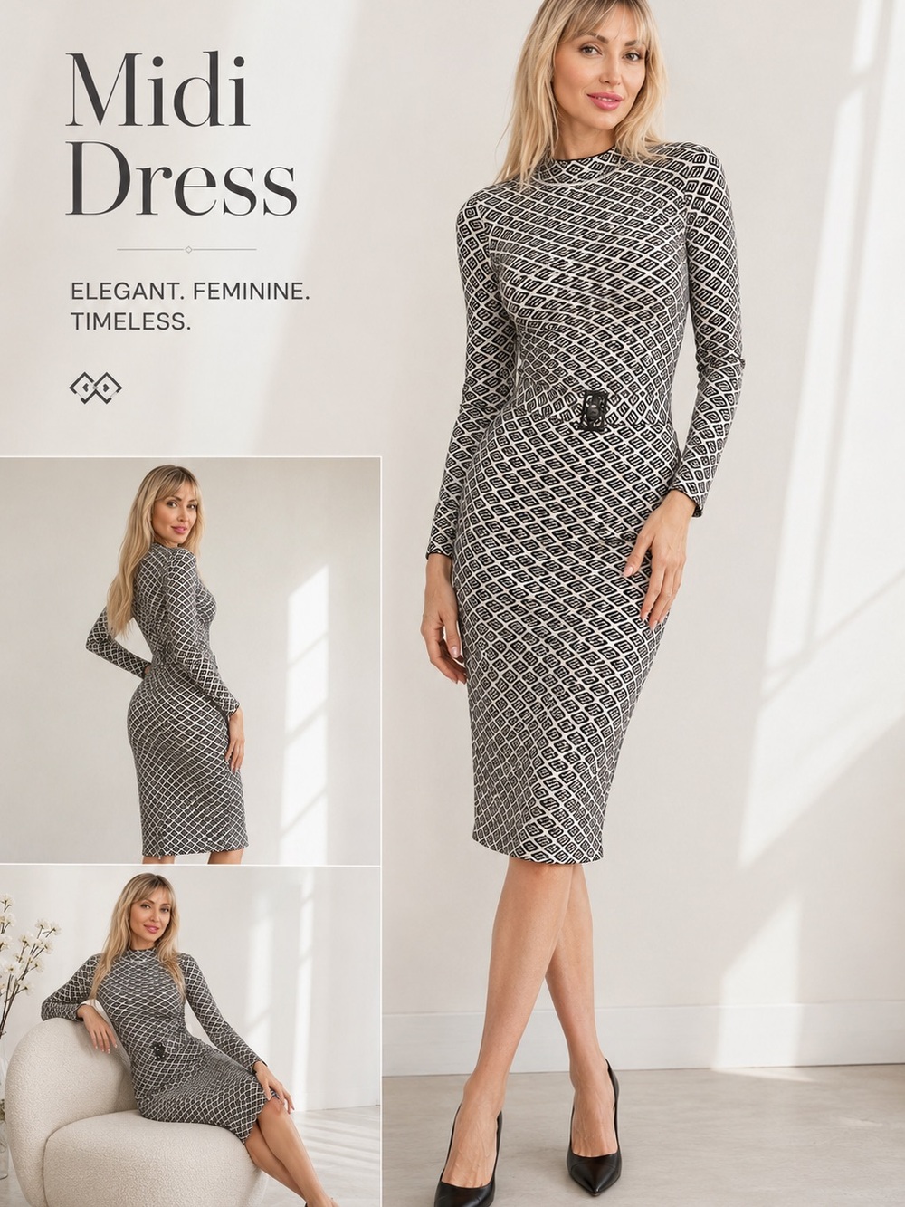 Black & White Geometric Bodycon  Dress – Designer Inspired